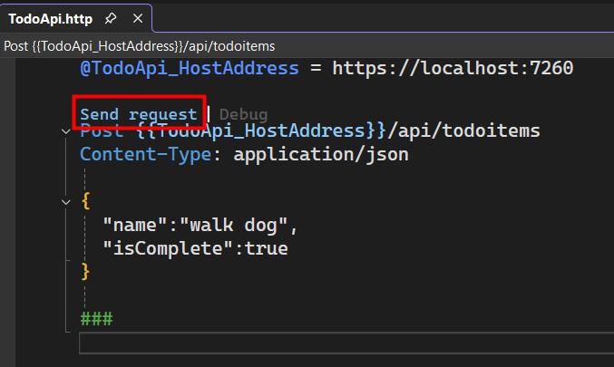 Окно файла .http с выделенной ссылкой для выполнения.