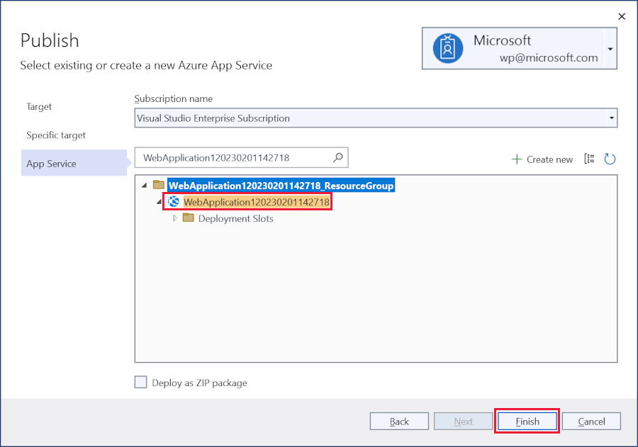 Диалог публикации: выберите экземпляр App Service