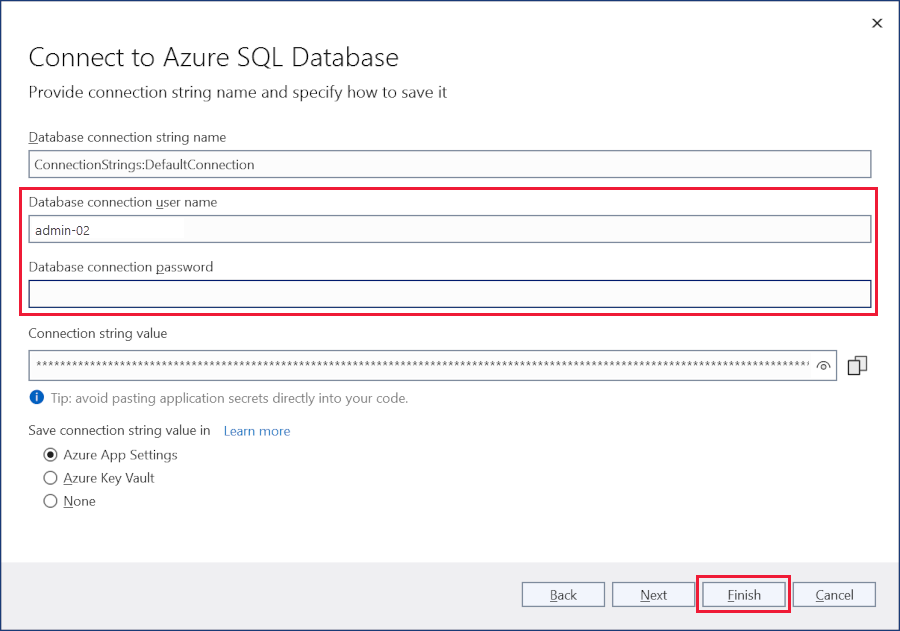Диалоговое окно для настройки Azure SQL Database, сведения о строке подключения