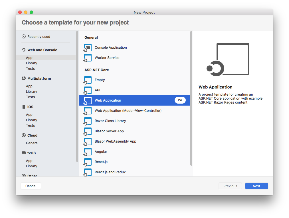 Выбор шаблона веб-приложения macOS