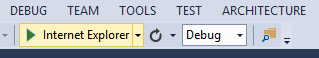 Снимок экрана: Visual Studio со значком со стрелкой, выделенным на панели инструментов для иллюстрации процесса отладки приложения.