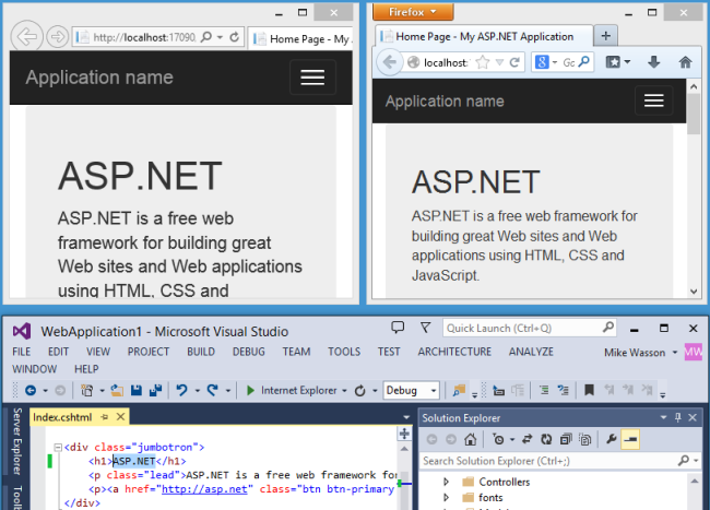Снимок экрана: проект S P dot Net с приложением, работающим в двух браузерах, параллельно и проект, отображаемый ниже в Visual Studio.