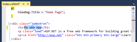 Снимок экрана Visual Studio с проектом A S P dot Net и выделенным заголовком H 1.