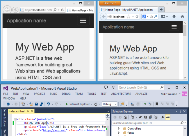 Снимок экрана проекта ASP.NET с изменениями, отображаемыми в окнах браузера, расположенных рядом друг с другом, и проекта, который отображается ниже в Visual Studio.