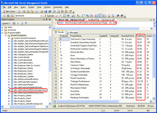 Снимок экрана: окном Microsoft SQL Server Management Studio с выполненной хранимой процедурой GetProductsWithPriceGreaterThan, которая отображает продукты, у которых цена за единицу больше $24,95.