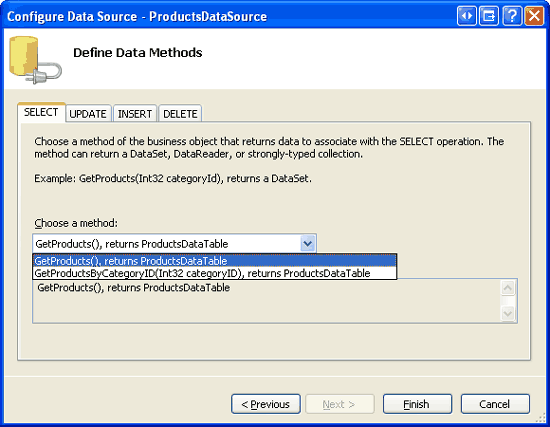 Методы класса ProductsCL перечислены в списках Drop-Down