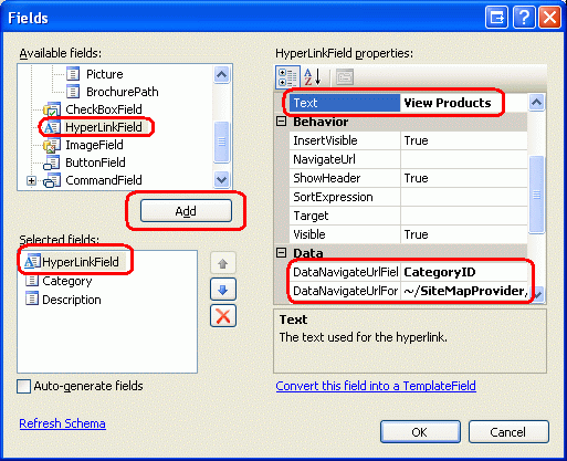 Добавить HyperLinkField в GridView категорий