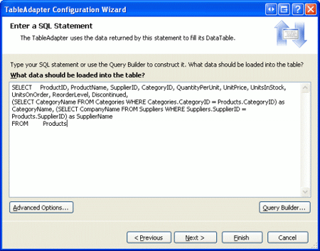 Используйте тот же SQL-запрос из TableAdapter продуктов в оригинальном DAL