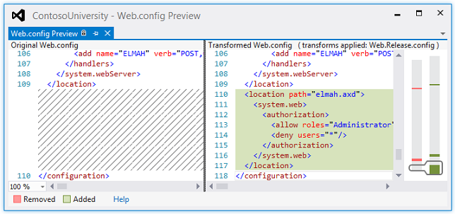 Скриншот, показывающий превью файла Web.config с исходным файлом Web.config слева и тем, как будет выглядеть преобразованный файл Web.config справа, с выделенными изменениями.