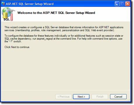 Снимок экрана: мастер настройки ASP.NET SQL Server.