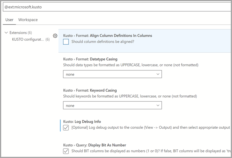 Kusto (KQL) extension settings