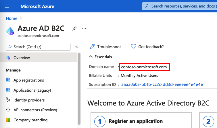 Снимок экрана демонстрирует, как получить имя арендатора Azure AD B2C.