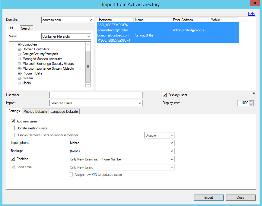 Импорт пользователя сервера MFA из Active Directory