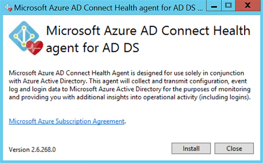 Снимок экрана: окно установки Microsoft Entra Подключение Health agent for AD DS.