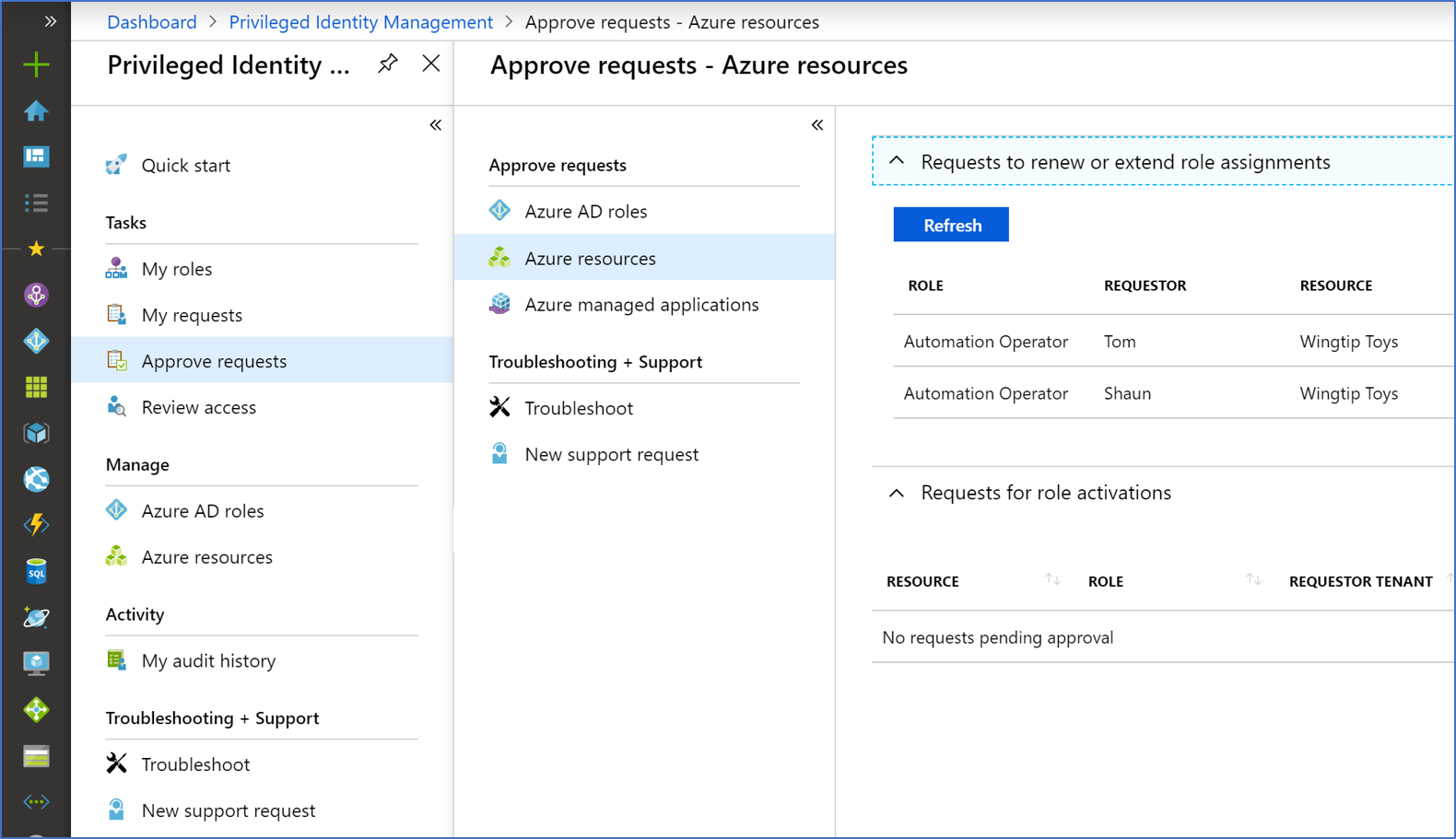 Снимок экрана: страница **Утверждение запросов — страница ресурсов Azure** с запросом на просмотр.