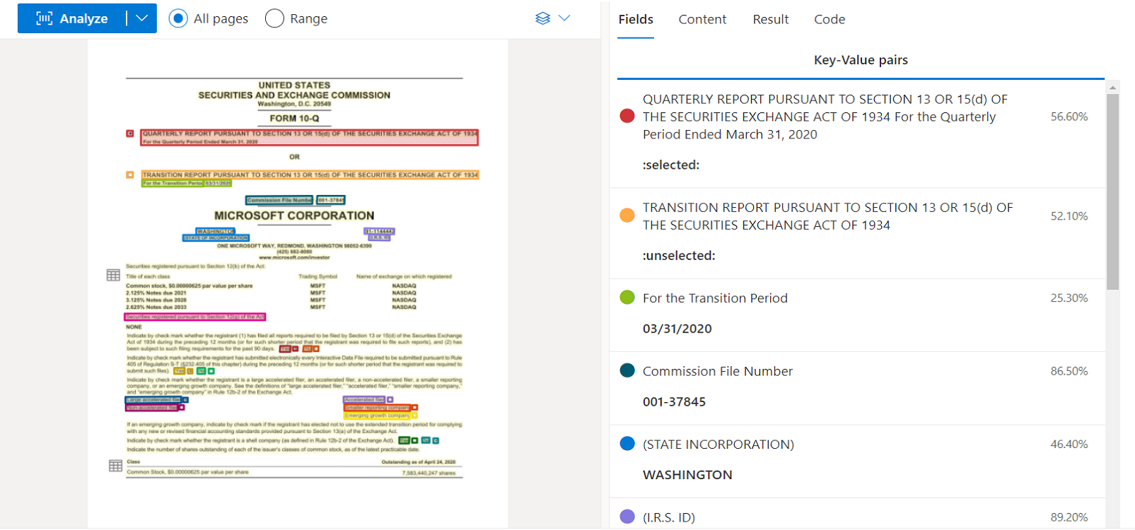 Снимок экрана: анализ модели общего документа с помощью Document Intelligence Studio.