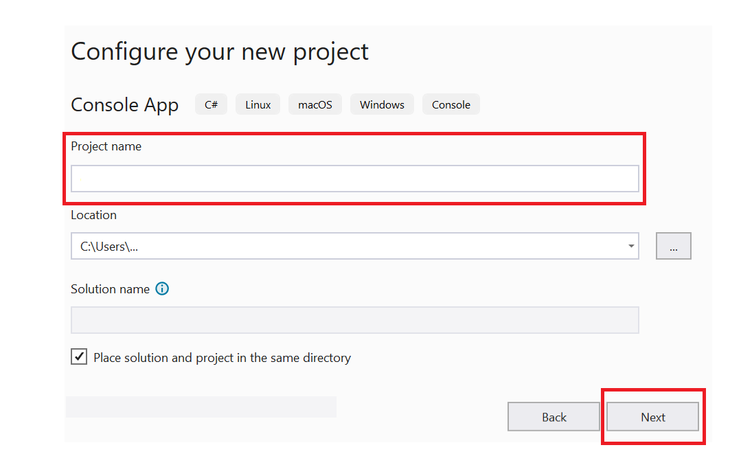 Скриншот страницы настройки нового проекта в Visual Studio.