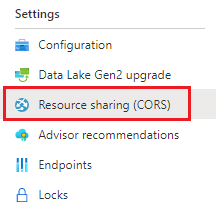 Скриншот, показывающий меню параметров CORS на портале Azure.
