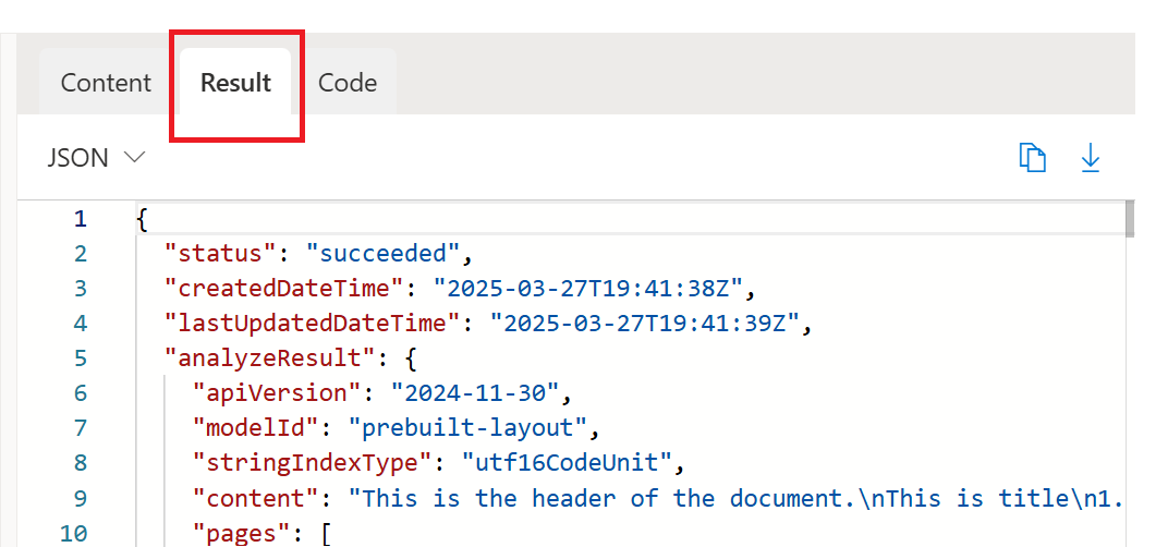 Снимок экрана: результаты на вкладке выходных данных JSON в Document Intelligence Studio.