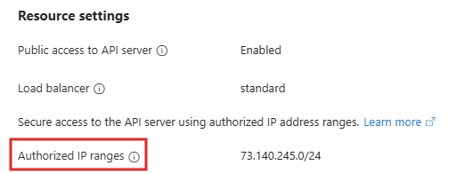 Снимок экрана: авторизованные диапазоны IP-адресов сервера API на портале Azure.