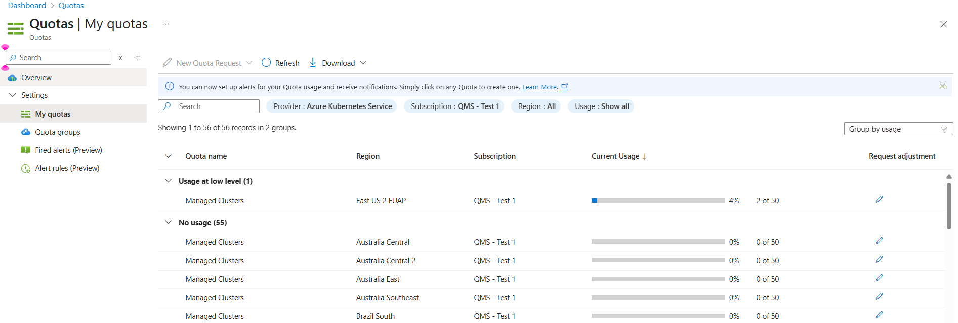 Снимок экрана: страница квот портала Azure.