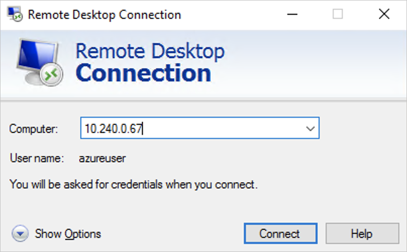 Изображение подключения к узлу Windows Server с помощью клиента RDP