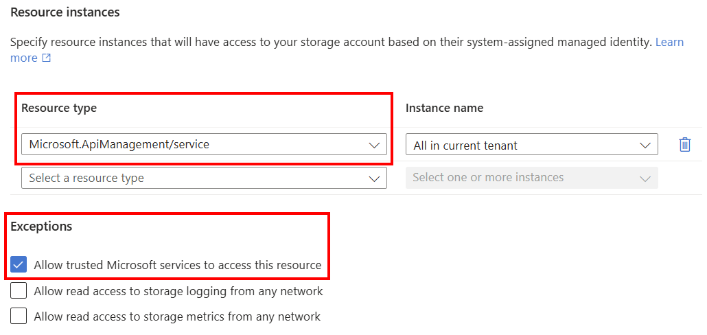 Скриншот настроек доверенного подключения к Azure Storage в портале.