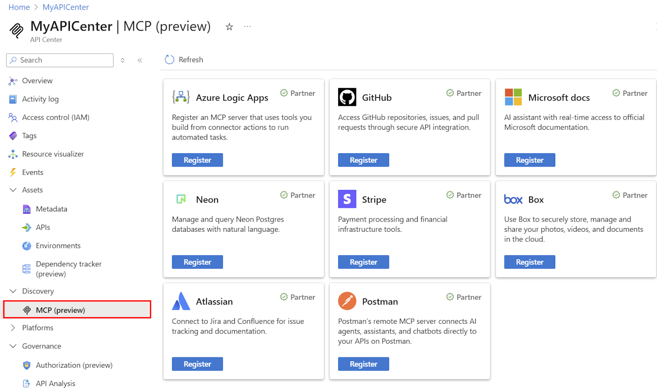 Снимок экрана: серверы MCP в Центре API на портале.