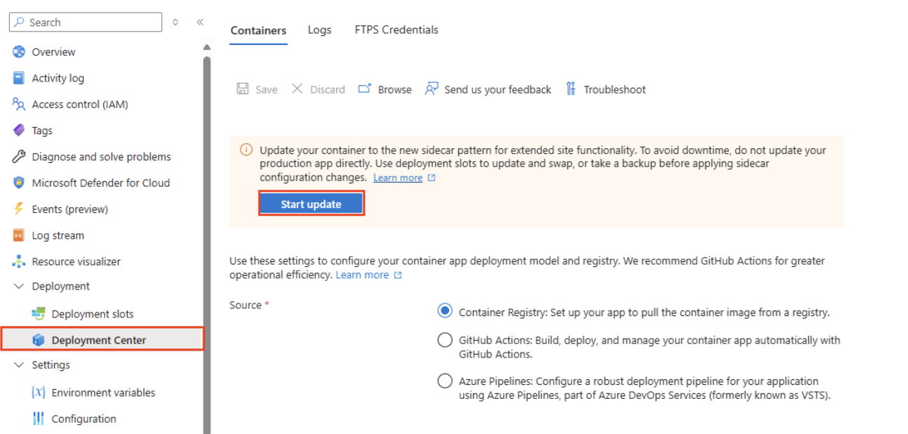 Снимок экрана, показывающий настройки контейнера приложения с настраиваемыми контейнерами, с выделенной кнопкой 