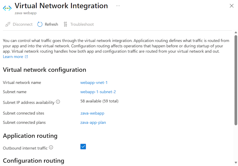 Скриншот интеграции виртуальной сети с приложением на портале Azure.
