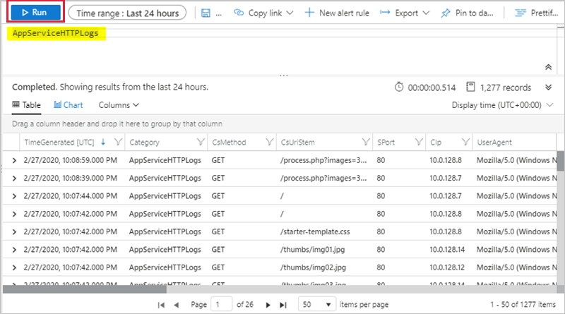 Снимок экрана, показывающий журналы рабочей области Log Analytics по HTTP.