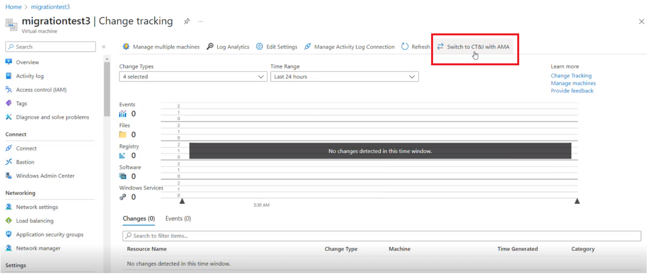 Снимок экрана: переключение между log analytics и агентом мониторинга Azure после успешной миграции.