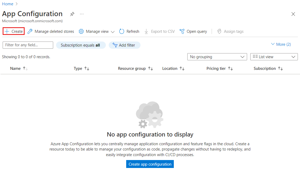 Снимок экрана: портал Azure, на котором показана кнопка для запуска создания хранилища конфигурации приложений.