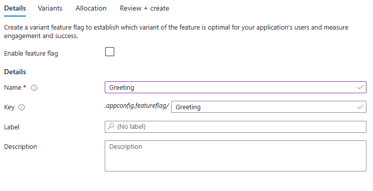 Снимок экрана: платформа Azure, показывающая подробные сведения о вариантах флагов функциональности.