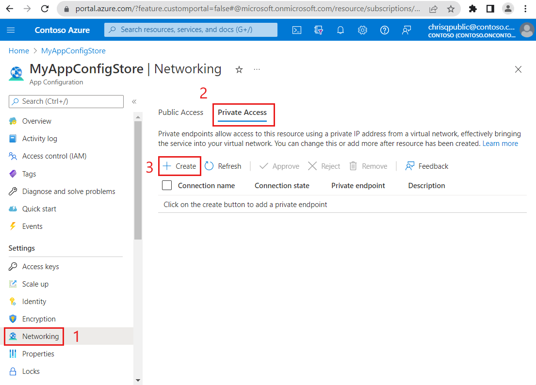 Снимок экрана портала Azure: выберите частную конечную точку.