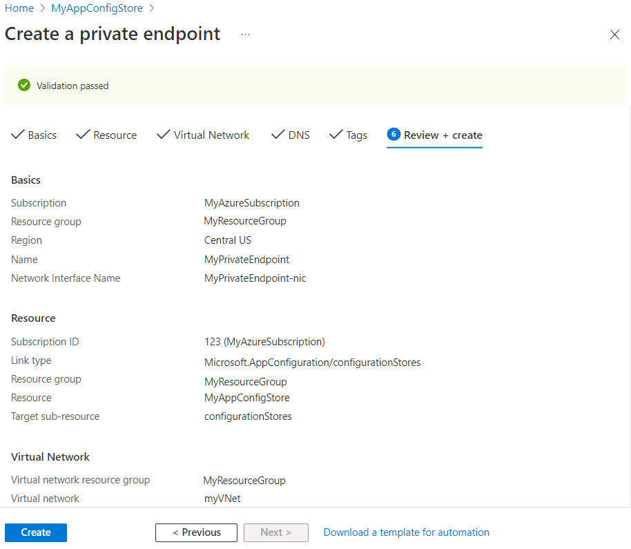 Снимок экрана: портал Azure, создание частной конечной точки, вкладка проверки.