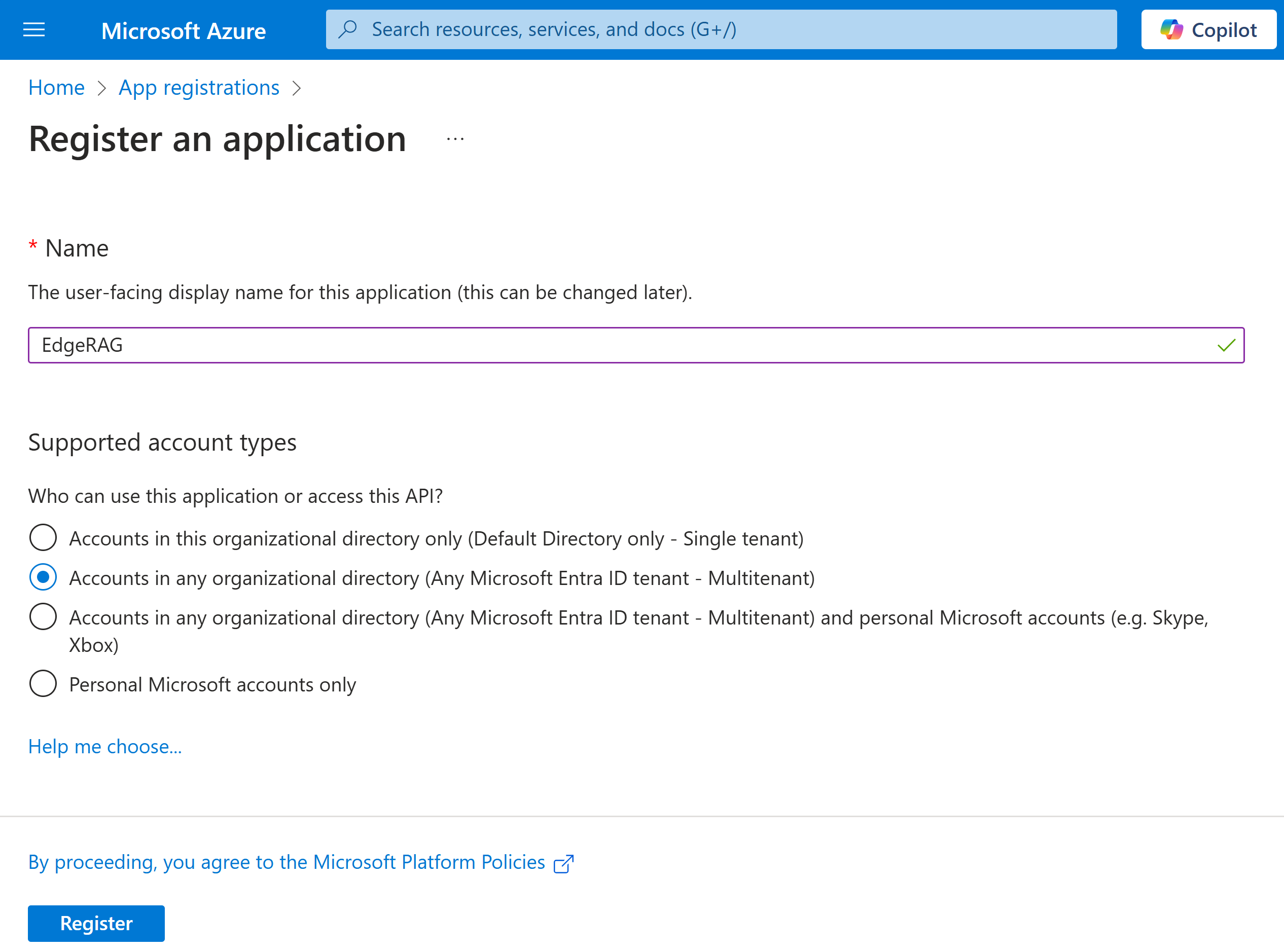 Снимок экрана: поля на странице регистрации приложения, в которой вы добавляете имя приложения и выбираете поддерживаемые типы учетных записей.