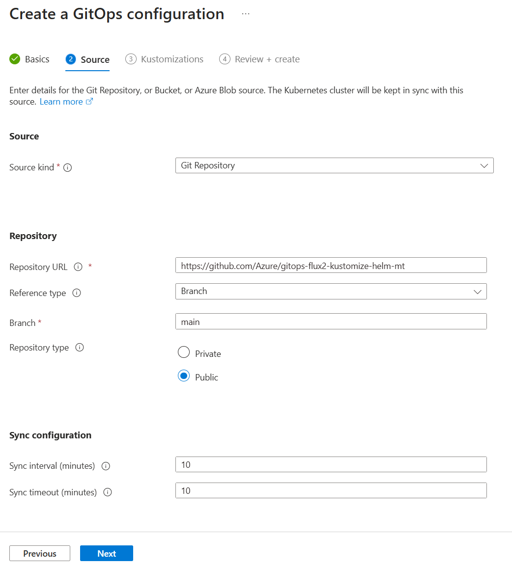 Экранный показ параметров источника конфигурации GitOps на портале Azure.