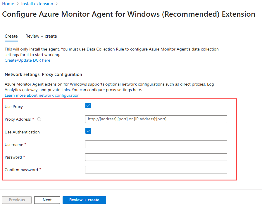 Скриншот, показывающий поля конфигурации для расширения агента Azure Monitor.