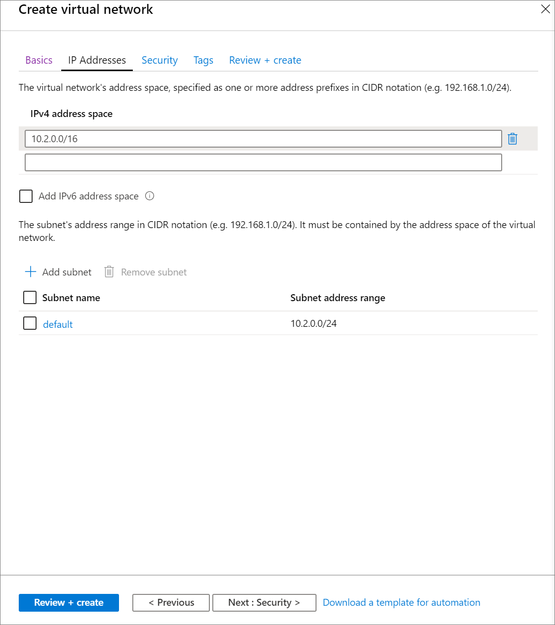 Настройте конфигурации IP-адресов для виртуальной сети на портале Azure
