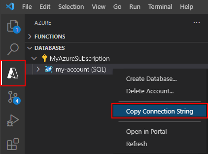 Копирование строки подключения к Azure Cosmos DB