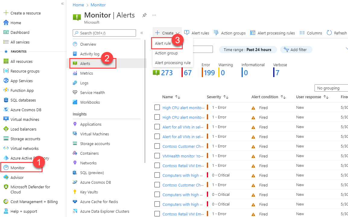 Screenshot that shows steps to create an alert rule from the portal home page.