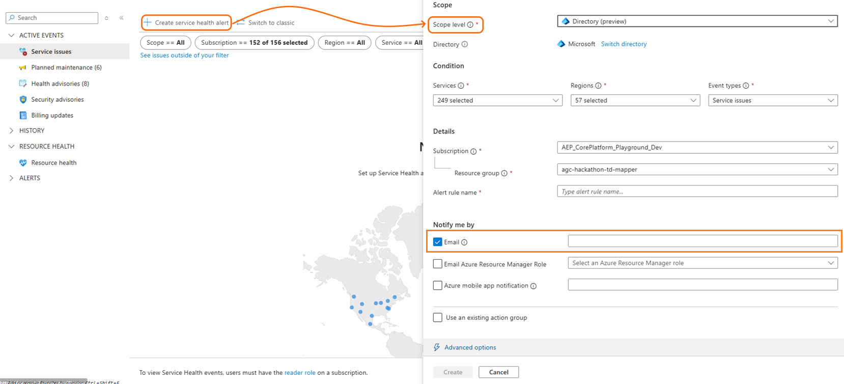 Снимок экрана интерфейса оповещений уровня арендатора в портале Azure, снимок экрана 1