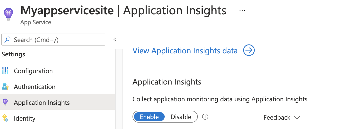 Снимок экрана: вкладка Application Insights с выбранным значением 