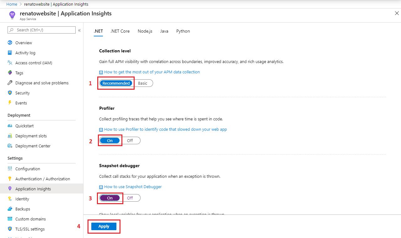 Screenshot that shows the code-level diagnostics in the Azure portal.