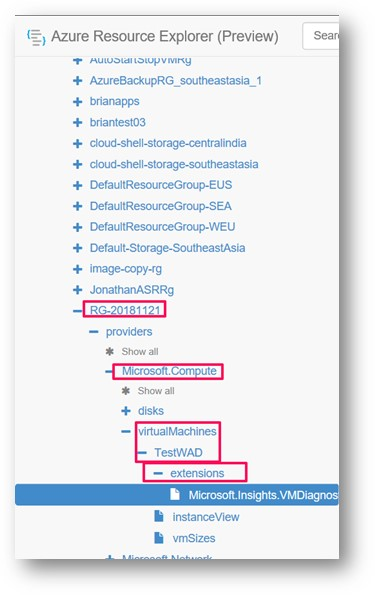 Screenshot that shows going to WAD config in Azure Resource Explorer.