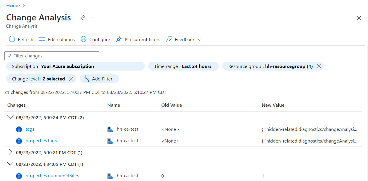 Screenshot of Change Analysis pane in Azure portal