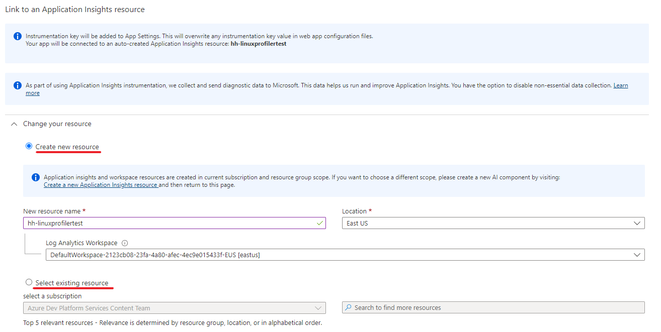 Снимок экрана: связывание Application Insights с новым или существующим ресурсом.