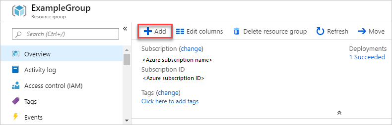 Снимок экрана: добавление ресурса в группу ресурсов в портал Azure