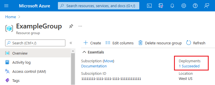 Снимок экрана: страница обзора группы ресурсов с указанием на то, что развертывание успешно выполнено.